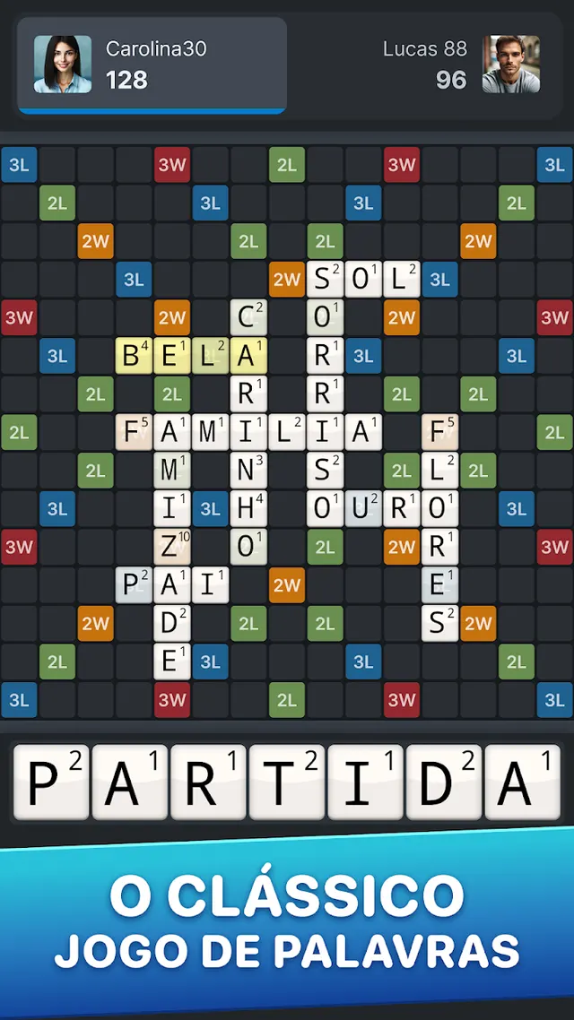 Tabuleiro do Wordfeud com casas de letra tripla por ocupar